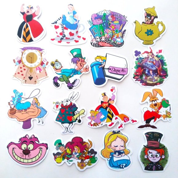 16 Alice in Wonderland Stickers Lot Cheshire Cat Laptop Water Bottle Rabbit Trip - Picture 1 of 2